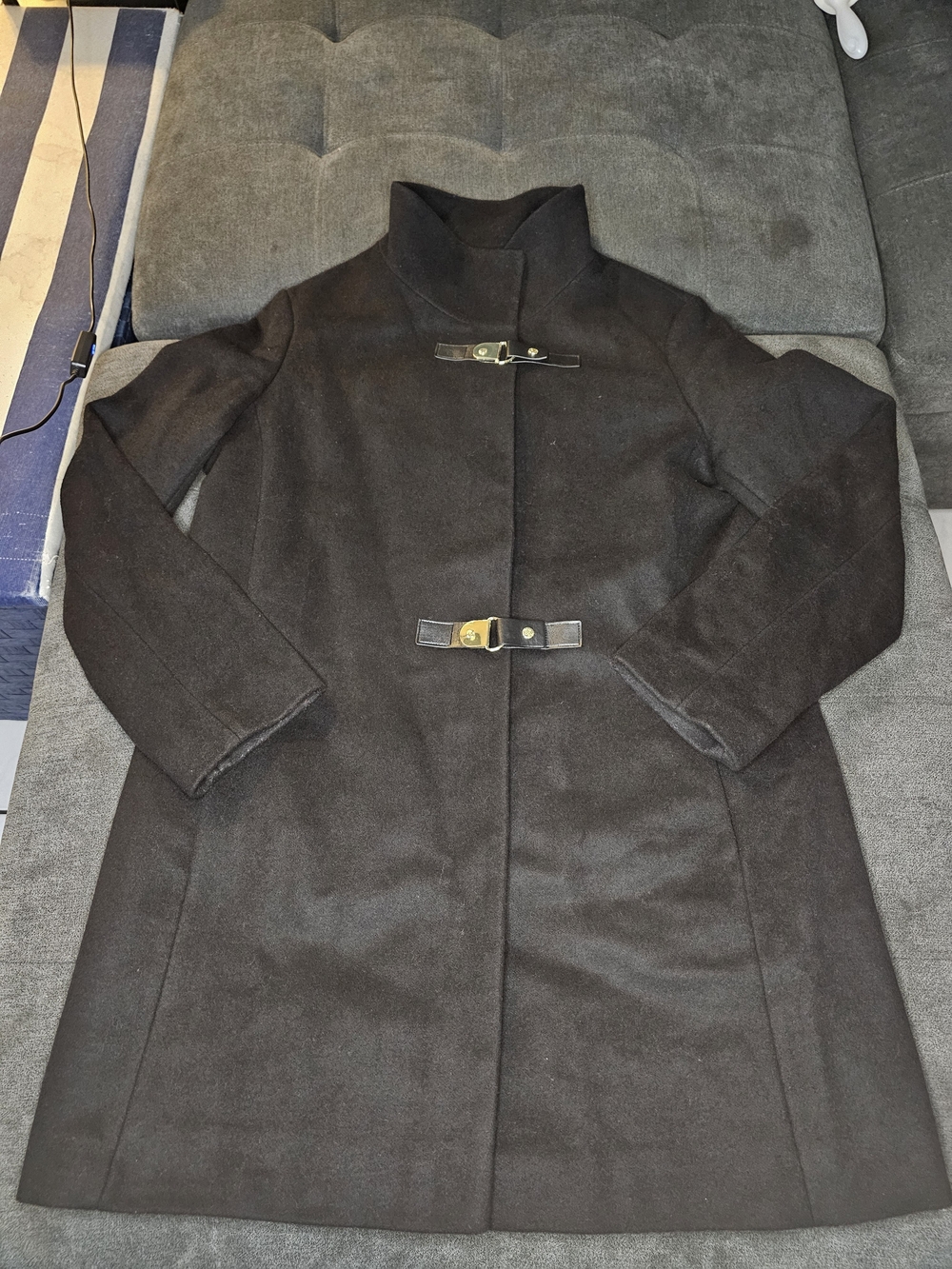 LAUREN Ralph Lauren Black Buckle Front Walker Coat Wool Blend Funnel Neck Sz 14